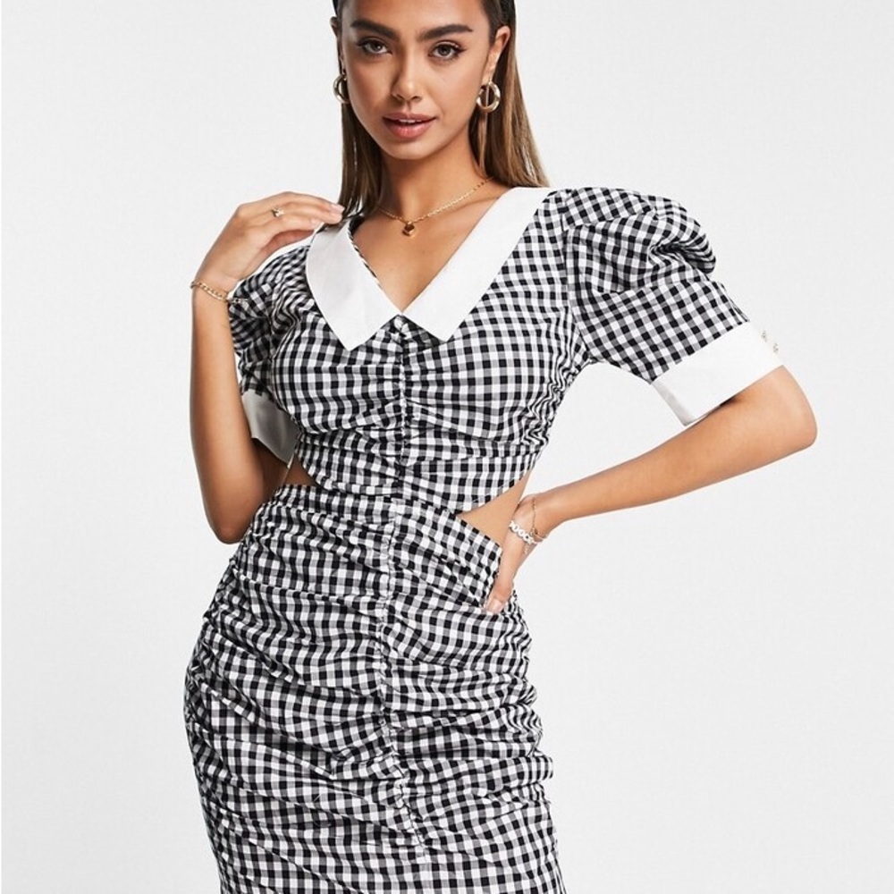 ASOS Urban Revivo cut out volume sleeve mini dress in black and white sz 8 - Picture 2 of 10